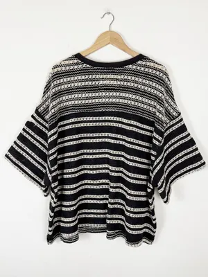 Free People We The Free Fun in the Sun Black & Cream Striped Star Knit Top thumbnail 4