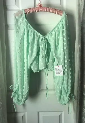 New ASOS long balloons sleeve textured with tie neck detail oversized babydoll t thumbnail 1