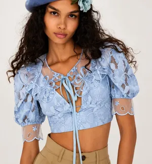 For Love & Lemons Uma Lace Crop Top S Blue Embroidered Puff Sleeve NWT Fairycore thumbnail 1