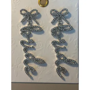 Silver Crystal Bow Bride Script Drop Earrings Bridal Wedding Statement Jewelry thumbnail 3