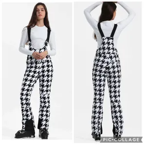 NEW GSOU Snow Women's Houndstooth Slim-Fit Stretch Fleece-Lined Ski Bibs Small thumbnail 2