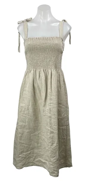 Aritzia Wilfred Golden Hour 100% Linen Beige Smocked Sleeveless Midi Dress Sz M thumbnail 1
