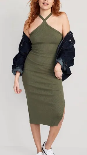 Halter Ribbed Midi Dress Shelf Bra Fitted Women's Rib Knit Green Bodycon M NWT thumbnail 1