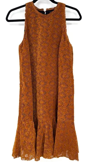 Anthropologie Maeve Amis Dress 4 Burnt Orange Floral Lace Ruffle Hem Lined thumbnail 1