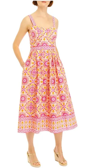 🩷 Maison Tara Medallion Print Midi Dress Size 4 Bright Pink Orange WITH POCKETS thumbnail 1