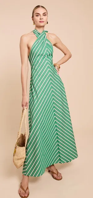 Few Moda o.p.t Green Size M Noelle Stretch Cotton Halter Long Striped Maxi Dress thumbnail 1