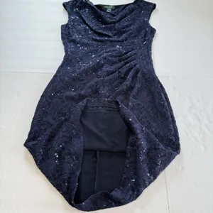 Ralph Lauren Navy Blue Sequin Lace Cowl Neck‎ Sheath Sleeveless Dress Size 10 thumbnail 8