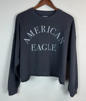 American Eagle Cropped Sweatshirt Women XL Charcoal Black Roll Hem Crop Crewneck thumbnail 1
