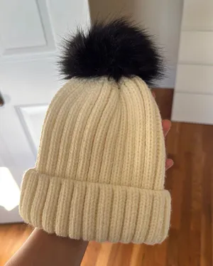 White Pom Knit Beanie thumbnail 1