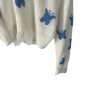 Just Polly Women White Blue Butterfly Distressed Cropped V-Neck‎ Sweater Large thumbnail 3