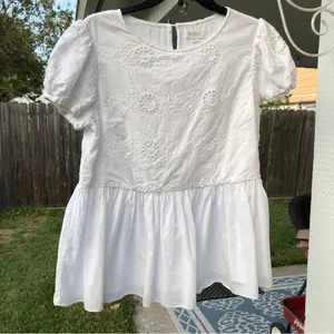 Roolee White Cotton Eyelet Puff Sleeve Blouse M thumbnail 1