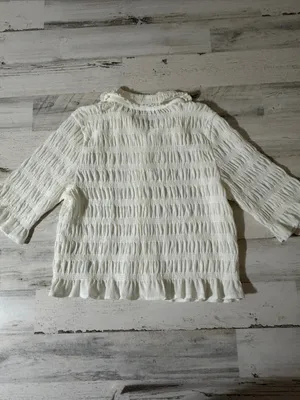 Anthropologie Maeve Cream Smocked Ruffle-Cuff Collared Top Size Large thumbnail 9