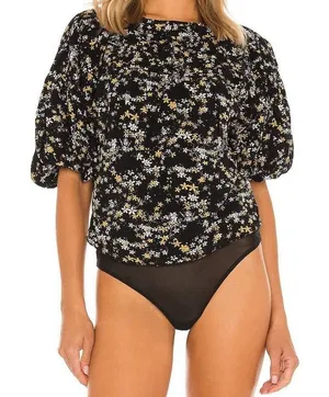 Free People Dessa Bodysuit Puff Sleeve Floral Black Combo Size S thumbnail 1