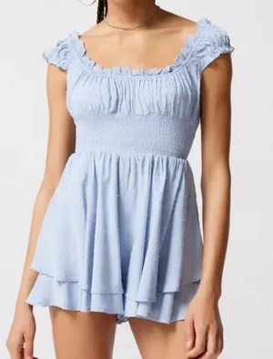 Urban Outfitters Rosie Smocked Cap Sleeve Mini Romper Blue XS thumbnail 1