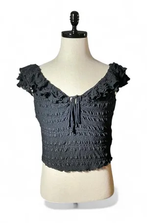 Free People‎ Black Smocked Ruffled Square Neck Crop Top Tank M Fairycore Grunge thumbnail 1