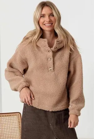 VICI teddy button front pocketed hoodie mocha  thumbnail 1
