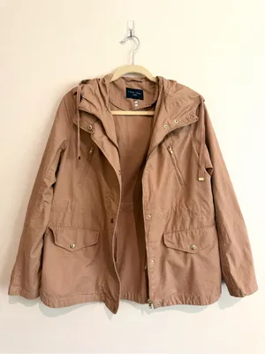 Love Tree Tan Hooded Utility Jacket Field Coat Lightweight 100% Cotton Sz Large thumbnail 3