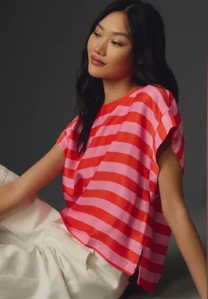 Anthropologie Pink and Orange Striped Button-Back Viscose Top thumbnail 1