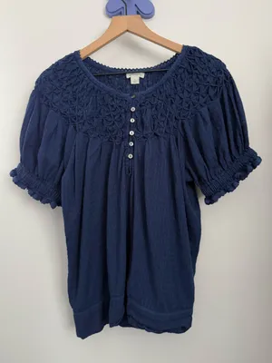 Sundance Large Peplum Short Sleeve Tee Navy Blue Relaxed Cottage Prairie thumbnail 1