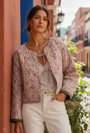 NWT Avec Les Filles by anthropologie Quilted Floral Tie-Front Jacket Blush Pink thumbnail 1