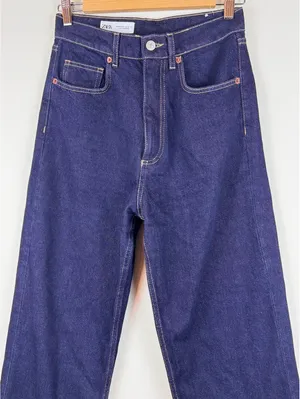 Zara High Rise Wide Leg Jeans Dark Indigo Blue 100% Cotton Size US 6 EU 38 thumbnail 3