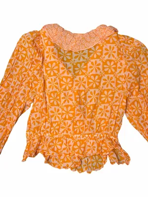 Free People 70s Retro Orange Pink Floral Ruffle Wrap Blouse Boho Peplum Top L thumbnail 4