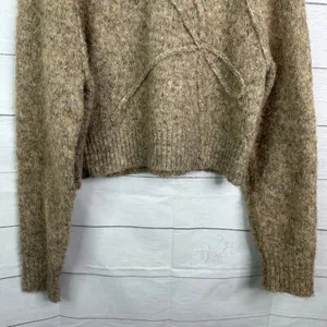 American Eagle Bow Brown Fuzzy Cable Knit Cropped Sweater Cottagecore Academia M thumbnail 4