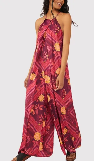 Free People Womens Jumpsuit Raspberry Luca Wide Leg Floral Halter Boho Large thumbnail 1