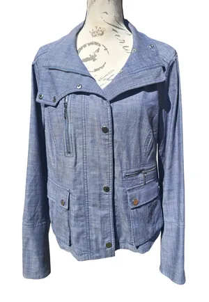 White House Black‎ Market -961 WHBM Chambray Moto Jacket Womens 14 thumbnail 1
