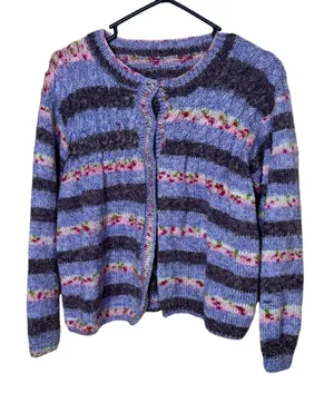 Handmade Hand Crocheted Purple Striped Cardigan 3 Button Crew Neck Sweater L/XL thumbnail 1