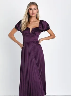 NWOT Lulus Flawless Forever Dark Purple Satin Pleated Midi Dress Size XXS thumbnail 1