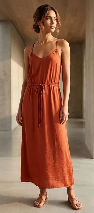 Banana Republic‎ Rust Red Drawstring Waist Spaghetti Strap Midi Dress Womens 0 thumbnail 1