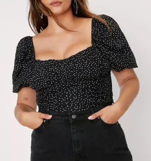 NastyGal Black and White Polka Dot Puff Sleeve Corset Crop Top Medium thumbnail 1