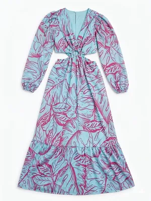 Maxi Dress Jessica Simpson Floral Blue Women’s Pink Tropical Cut-Out Waist thumbnail 1