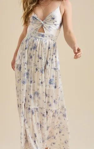 Altar'd State Cream and Blue Floral Maxi Dress thumbnail 1