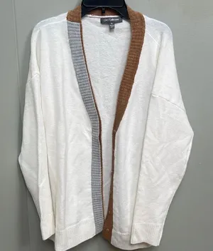 White and Brown Cardigan with Color-Blocked Collar thumbnail 1