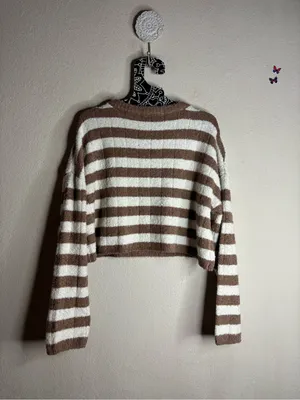 Altar'd State V-Neck Cropped Striped Sweater in Brown and Cream size small thumbnail 2