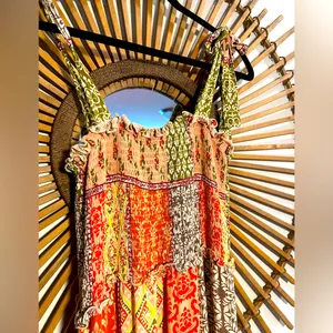 Abel the Label Bohemian Multicolor Patchwork Smocked Maxi Dress with Tie Straps thumbnail 4