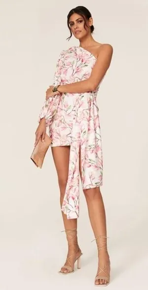 BRONX AND BANCO Layla Floral Pink White One Shoulder Silk Bow Mini Dress Size S thumbnail 2