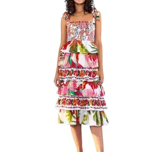 Farm Rio Mixed White Prints Layered Dress M Tropical Floral Tiered Linen Smocked thumbnail 2