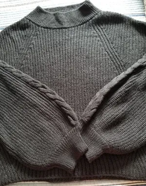 BP Black Chunky Knit Cropped Long Sleeve Oversized Sweater Mock Neck Womens Sz L thumbnail 1