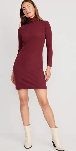 NEW!! Old Navy Burgundy Wine Red Ribbed Fitted Mock Neck Long Sleeve‎ Dress thumbnail 1