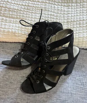 Black lace-up caged high-heel sandal thumbnail 1