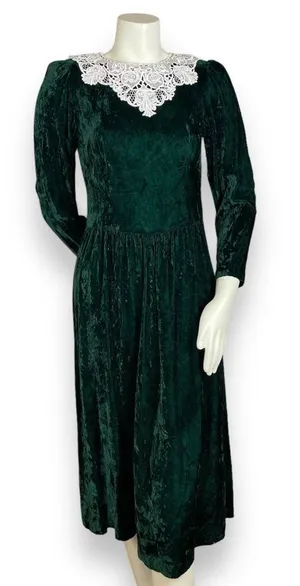 Vintage Crushed Velvet Dress Green Lace Collar Lanz Long Sleeve Christmas Party‎ thumbnail 1