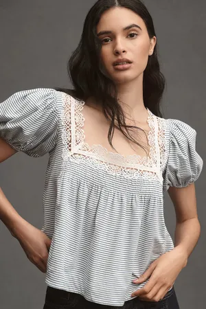 Maeve Anthropologie Square Neck Puff Sleeve Swing Tee Size Medium NWT thumbnail 1