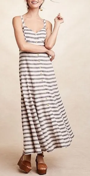 Anthropologie Maeve Linen Blend Striped Maxi Dress 10 Blue White Preppy Nautical thumbnail 1