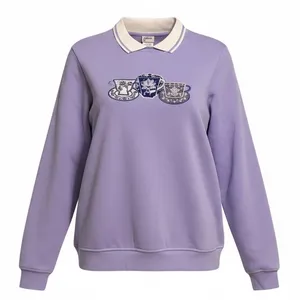 Vintage Grannycore Collared Sweatshirt‎ Pastel Purple Teacup Embroidered Size L thumbnail 1
