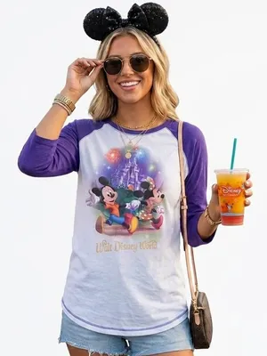Disney Ladies Shirt - Storybook Mickey And Friends - Purple Raglan Sz XL thumbnail 1