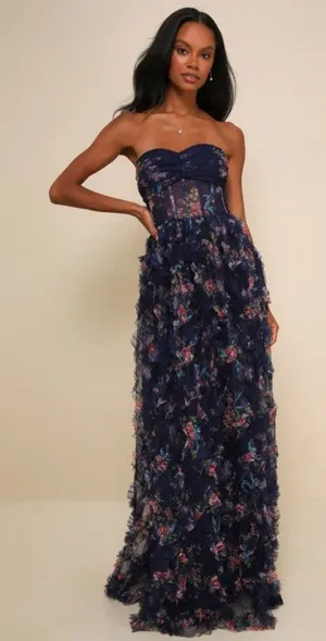 NWT Lulus Stunning Element Navy Floral Mesh Ruffled Strapless Maxi Dress - Small thumbnail 1