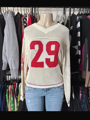 Y2k Graphic Oversized Crochet Jersey Shirt V Neck Long Sleeve Knit Pullover S thumbnail 6